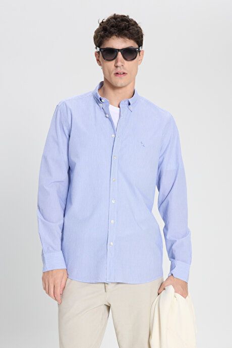 Slim Fit Slim Fit Button-down Collar 100% Cotton Striped White-Blue Shirt 4C2024200009BZM