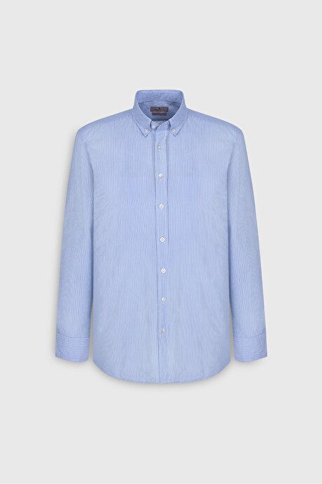 Slim Fit Slim Fit Button-down Collar 100% Cotton Striped White-Blue Shirt 4C2024200009BZM