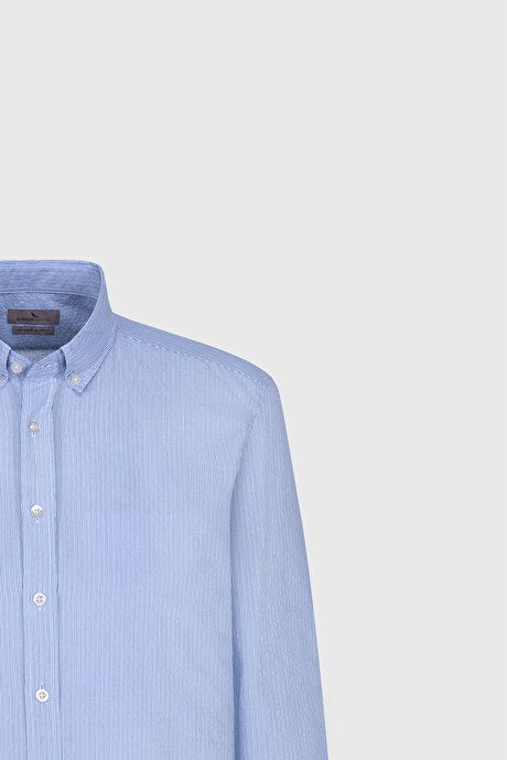 Slim Fit Slim Fit Button-down Collar 100% Cotton Striped White-Blue Shirt 4C2024200009BZM