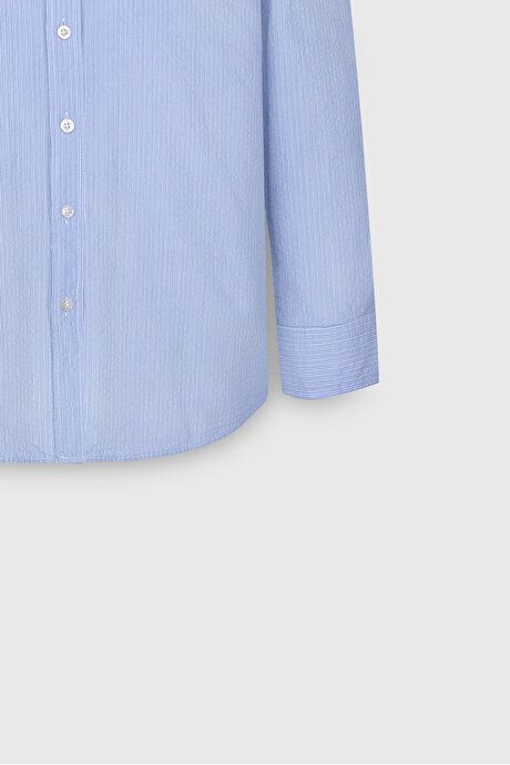 Slim Fit Slim Fit Button-down Collar 100% Cotton Striped White-Blue Shirt 4C2024200009BZM