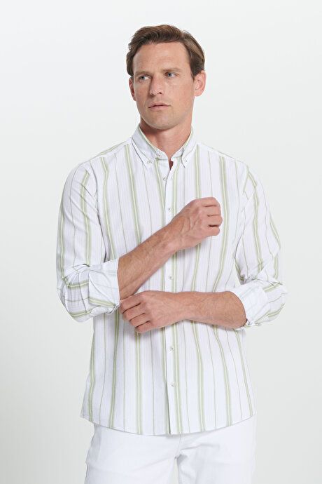 Slim Fit Slim Fit 100% Cotton Button-down Collar Striped Ecru-Green Shirt 4C2024200027EYS