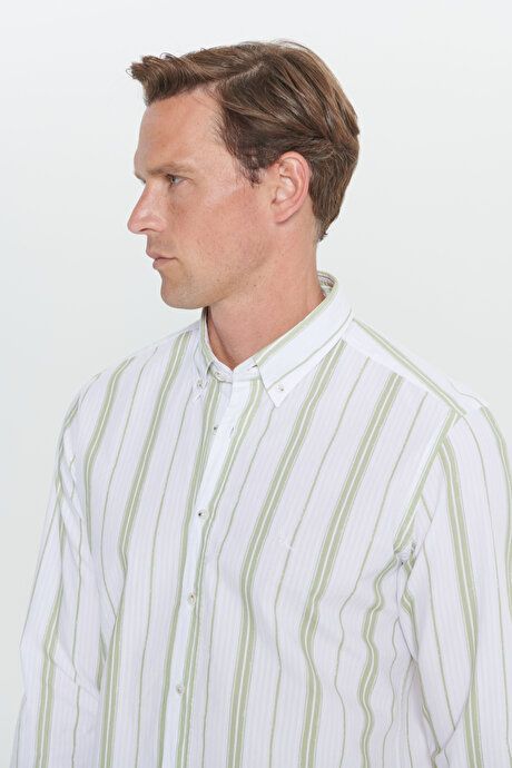 Slim Fit Slim Fit 100% Cotton Button-down Collar Striped Ecru-Green Shirt 4C2024200027EYS