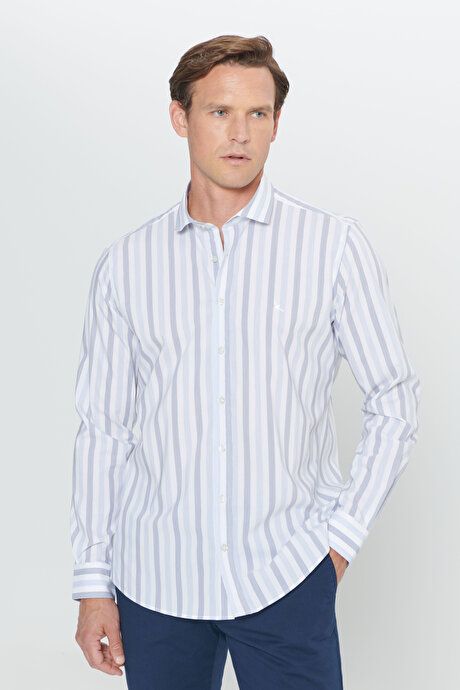 Slim Fit Slim Fit 100% Cotton Small Italian Collar Striped White-Blue Shirt 4C2024200041BEM