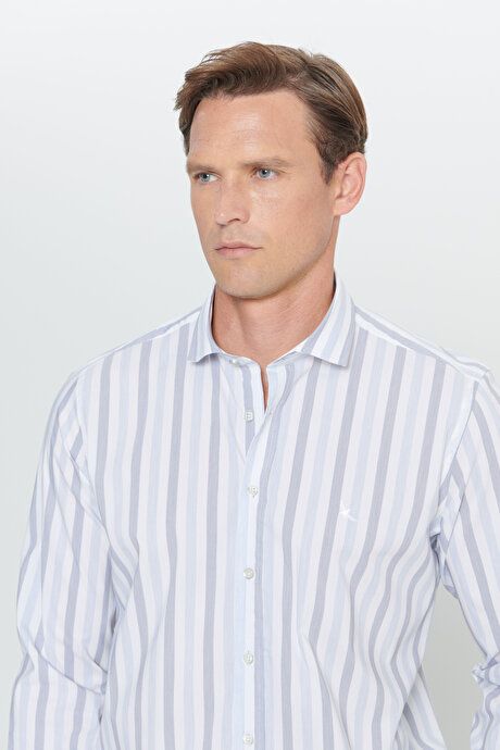 Slim Fit Slim Fit 100% Cotton Small Italian Collar Striped White-Blue Shirt 4C2024200041BEM