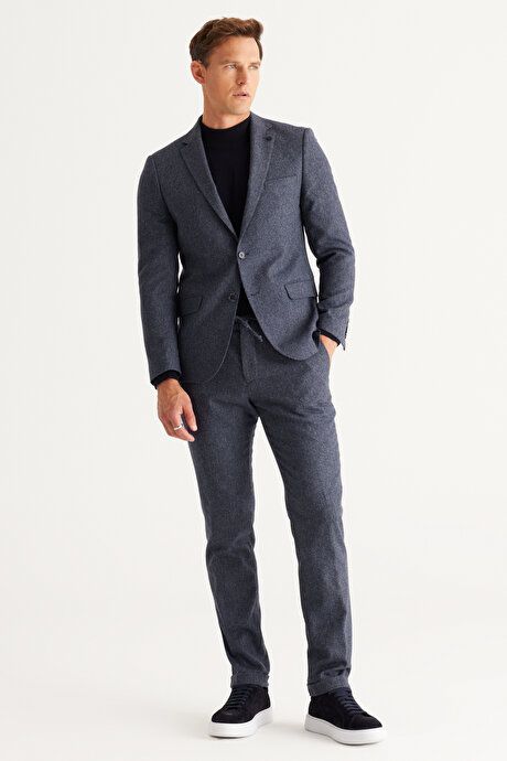 Slim Fit Slim Fit Mono Collar Woolen Patterned Blue Suit 4C3024100010MAV