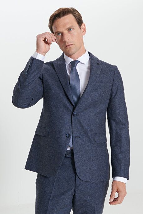 Slim Fit Slim Fit Mono Collar Patterned Woolen Navy Blue Suit 4C3024100011LAC