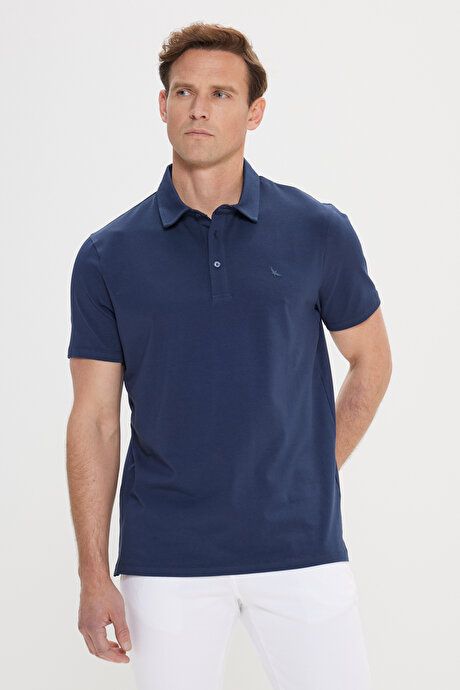 100% Cotton Polo Collar Slim Fit Slim Fit Navy Blue T-Shirt 4C4800000006LAC