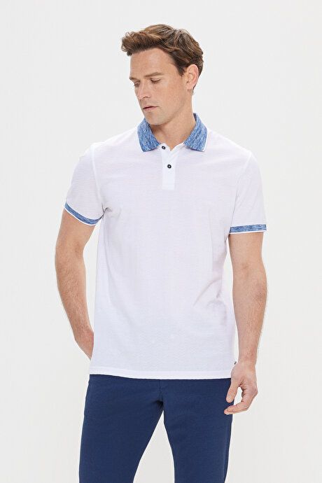 Slim Fit Slim Fit 100% Cotton Jacquard Polo Collar White-Blue T-Shirt 4C4824200007BZC