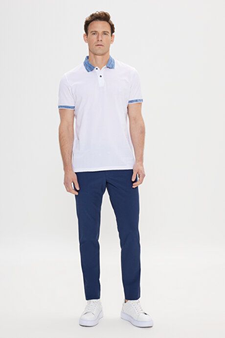 Slim Fit Slim Fit 100% Cotton Jacquard Polo Collar White-Blue T-Shirt 4C4824200007BZC