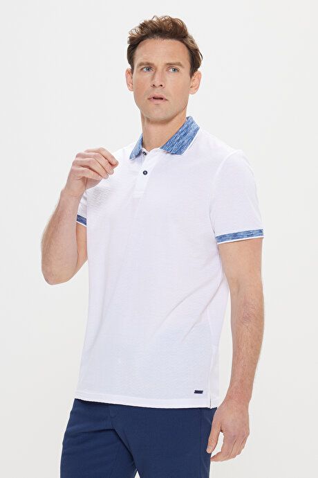 Slim Fit Slim Fit 100% Cotton Jacquard Polo Collar White-Blue T-Shirt 4C4824200007BZC