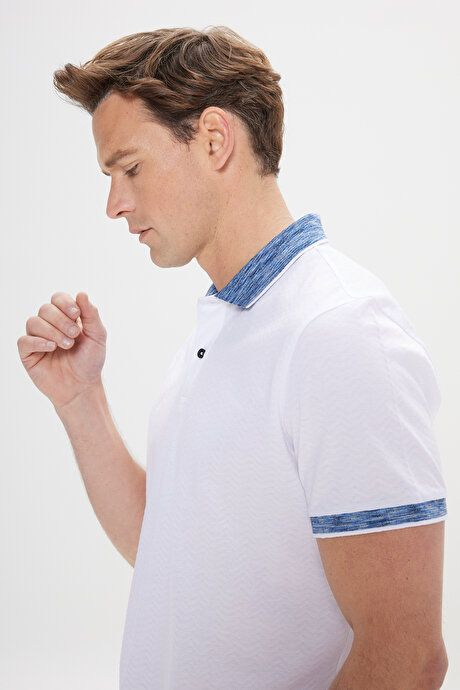 Slim Fit Slim Fit 100% Cotton Jacquard Polo Collar White-Blue T-Shirt 4C4824200007BZC