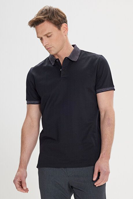 Slim Fit Slim Fit 100% Cotton Jacquard Polo Collar Black-Anthracite T-Shirt 4C4824200007SSA