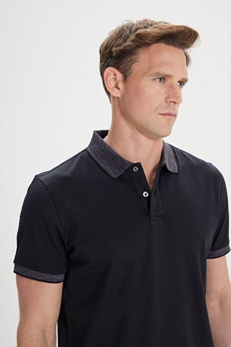 Slim Fit Slim Fit 100% Cotton Jacquard Polo Collar Black-Anthracite T-Shirt 4C4824200007SSA