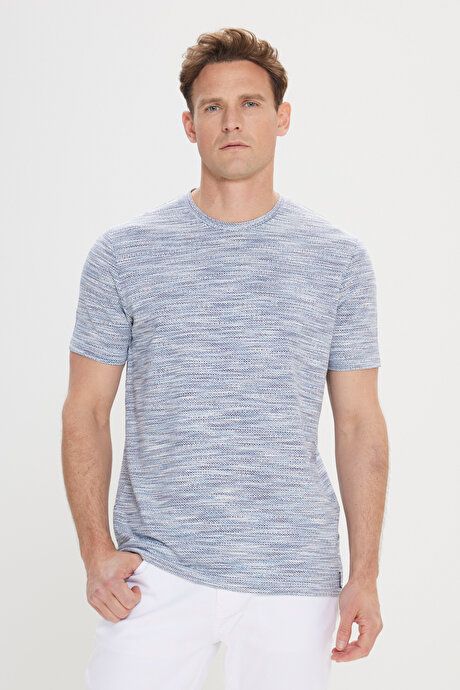 Slim Fit Slim Fit Crew Neck Cotton Jacquard Blue T-Shirt 4C4824200026MAV