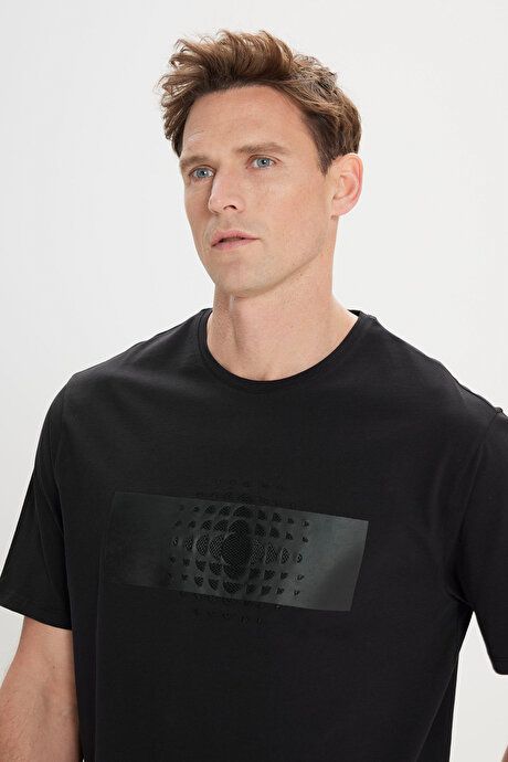 Modern Fit Relaxed Cut 100% Cotton Printed Crew Neck Black T-Shirt 4C4824200044SYH