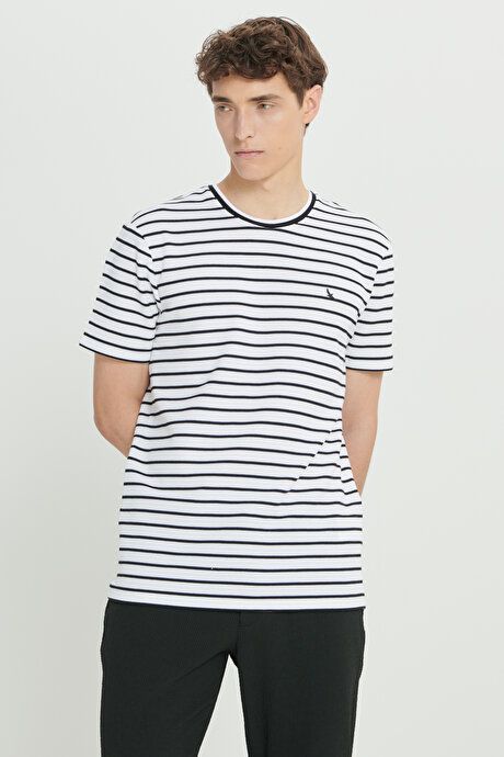 Slim Fit Slim Fit 100% Cotton Striped Crew Neck White-Black T-Shirt 4C4824200054BYS