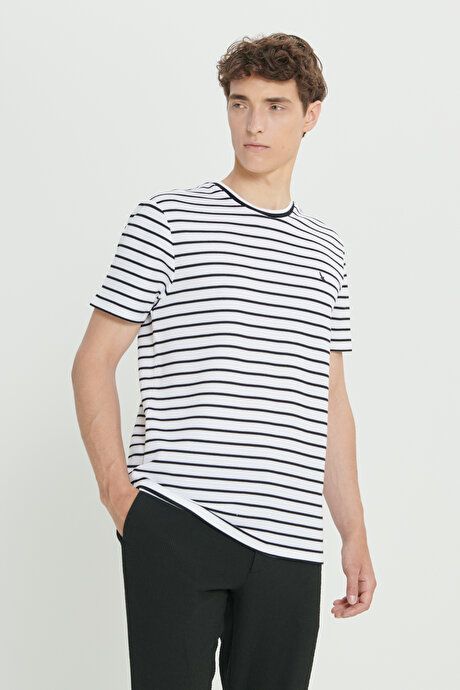 Slim Fit Slim Fit 100% Cotton Striped Crew Neck White-Black T-Shirt 4C4824200054BYS