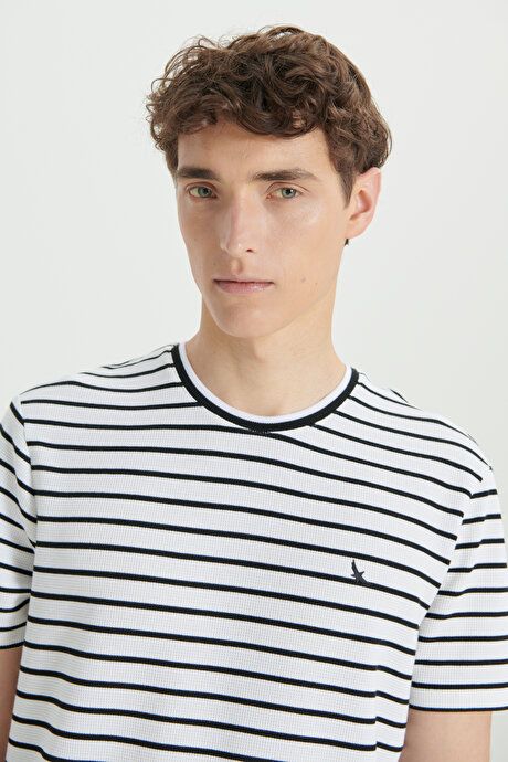 Slim Fit Slim Fit 100% Cotton Striped Crew Neck White-Black T-Shirt 4C4824200054BYS