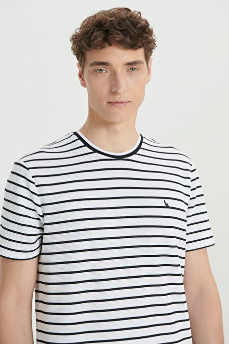 Slim Fit Slim Fit 100% Cotton Striped Crew Neck White-Black T-Shirt 4C4824200054BYS