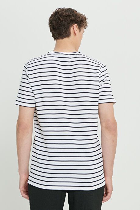 Slim Fit Slim Fit 100% Cotton Striped Crew Neck White-Black T-Shirt 4C4824200054BYS