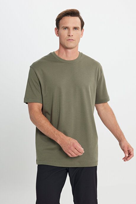 Modern Fit Relaxed Fit 100% Cotton Crew Neck Khaki T-Shirt 4C4824200055HAK