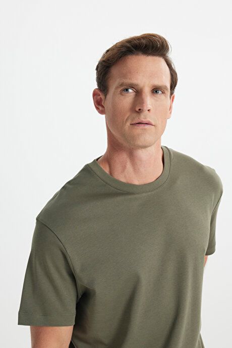 Modern Fit Relaxed Fit 100% Cotton Crew Neck Khaki T-Shirt 4C4824200055HAK