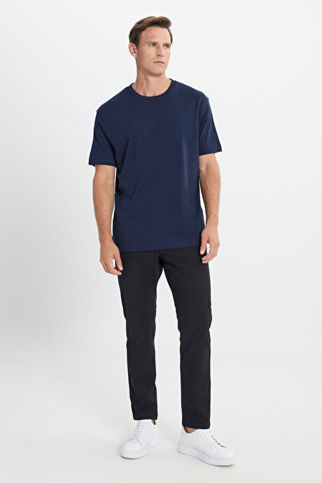 Modern Fit Relaxed Cut 100% Cotton Crew Neck Navy Blue T-Shirt 4C4824200055LAC