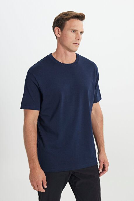 Modern Fit Relaxed Cut 100% Cotton Crew Neck Navy Blue T-Shirt 4C4824200055LAC