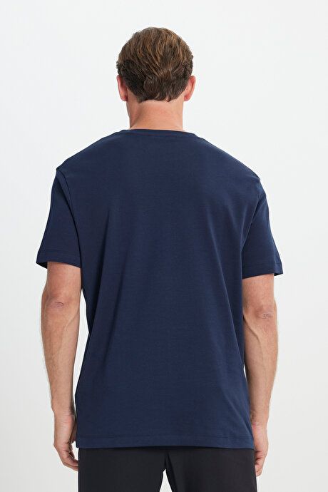 Modern Fit Relaxed Cut 100% Cotton Crew Neck Navy Blue T-Shirt 4C4824200055LAC