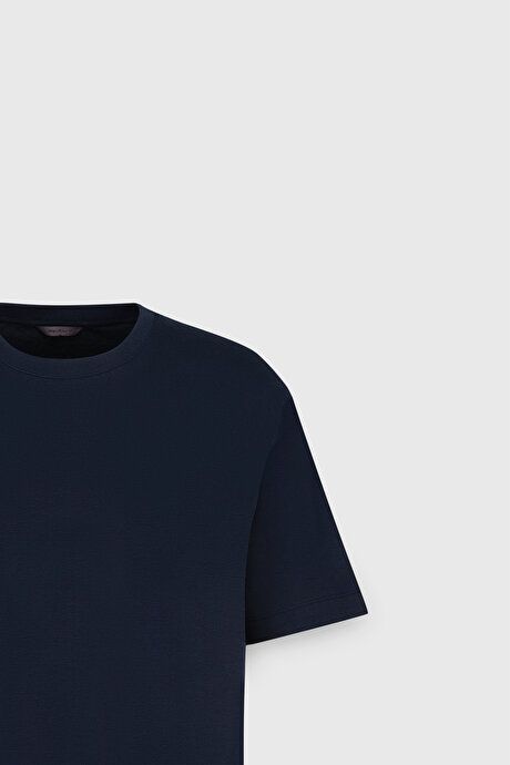 Modern Fit Relaxed Cut 100% Cotton Crew Neck Navy Blue T-Shirt 4C4824200055LAC