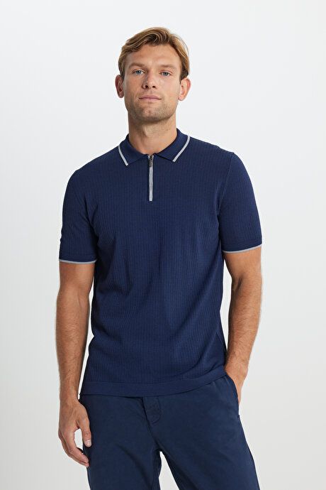 Standard Fit Regular Fit Polo Collar Jacquard Navy-Grey Sweater T-Shirt 4C4924200001LAG