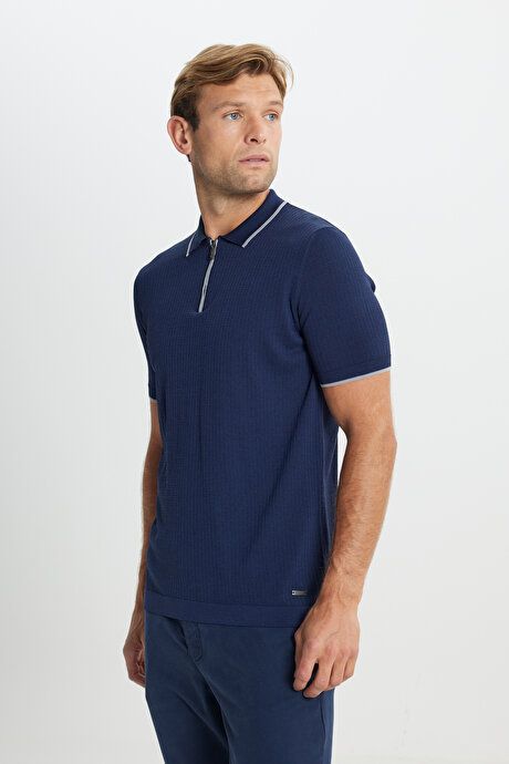 Standard Fit Regular Fit Polo Collar Jacquard Navy-Grey Sweater T-Shirt 4C4924200001LAG