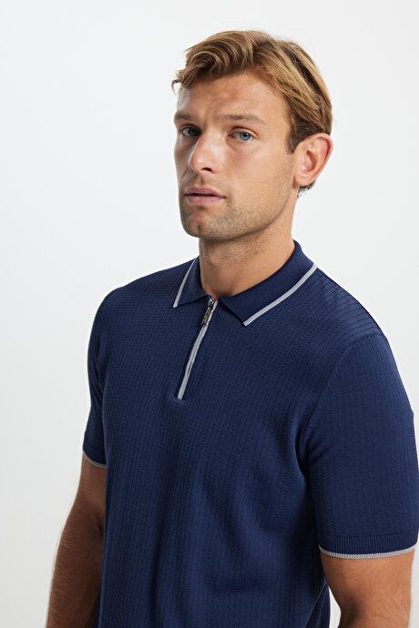 Standard Fit Regular Fit Polo Collar Jacquard Navy-Grey Sweater T-Shirt 4C4924200001LAG