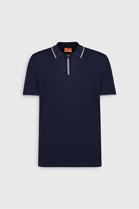 Standard Fit Regular Fit Polo Collar Jacquard Navy-Grey Sweater T-Shirt 4C4924200001LAG