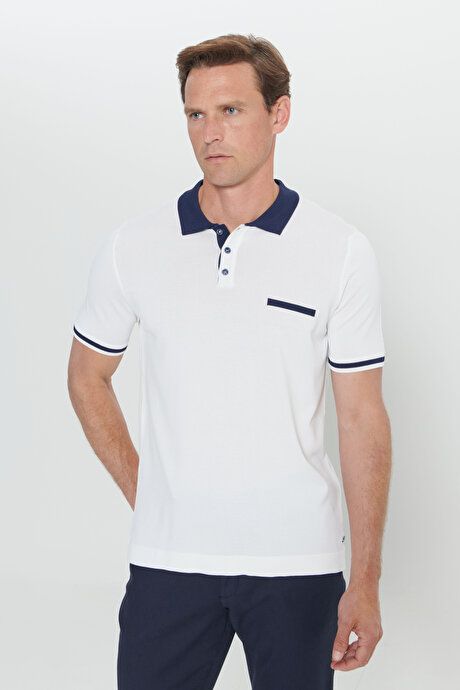 Standard Fit Regular Fit Polo Collar White-Blue Sweater T-Shirt 4C4924200005BZC