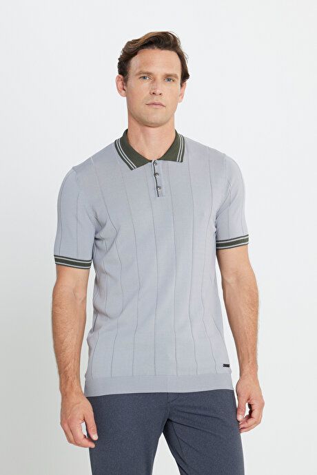 Standard Fit Regular Fit Polo Collar Jacquard Gray-Khaki Sweater T-Shirt 4C4924200007GRH