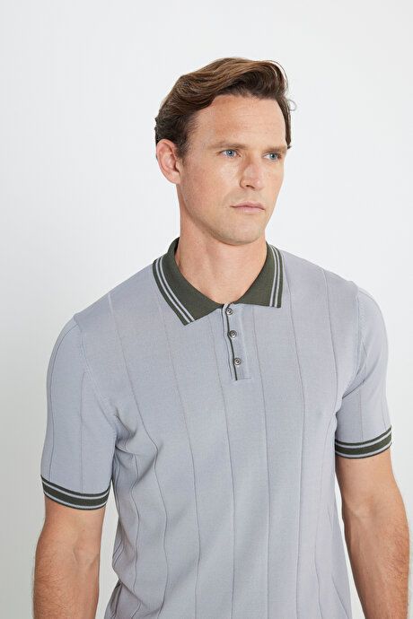 Standard Fit Regular Fit Polo Collar Jacquard Gray-Khaki Sweater T-Shirt 4C4924200007GRH