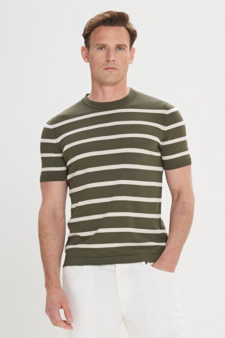 Standard Fit Regular Fit Crew Neck Striped Khaki-Ecru Sweater T-Shirt 4C4924200008HEK