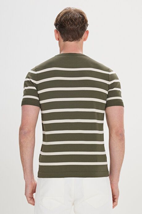 Standard Fit Regular Fit Crew Neck Striped Khaki-Ecru Sweater T-Shirt 4C4924200008HEK