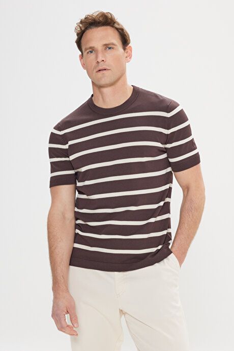 Standard Fit Regular Fit Crew Neck Striped Coffee-Ecru Sweater T-Shirt 4C4924200008KER