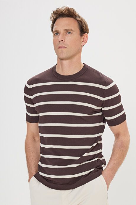 Standard Fit Regular Fit Crew Neck Striped Coffee-Ecru Sweater T-Shirt 4C4924200008KER