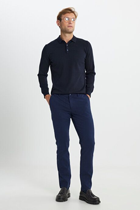 Slim Fit Slim Fit Cotton Stretch Dobby Side Pocket Navy Blue Trousers ACE012510149LAC