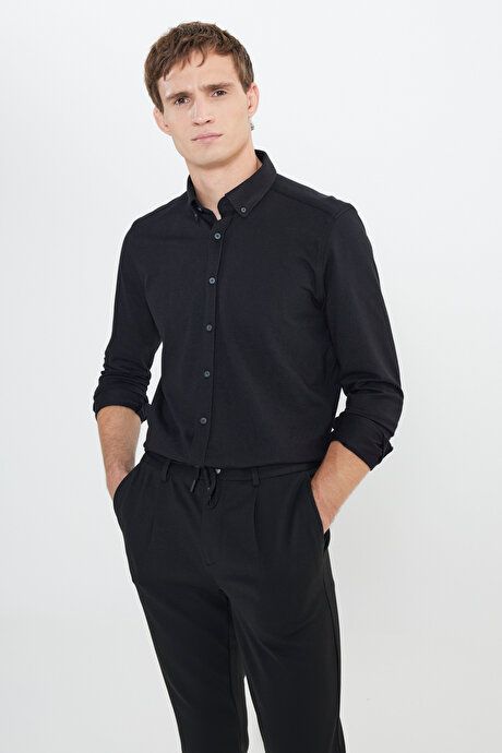 Cotton Knitted Slim Fit Slim Fit Slim Fit Button Down Collar Black Shirt ACE202510304SYH