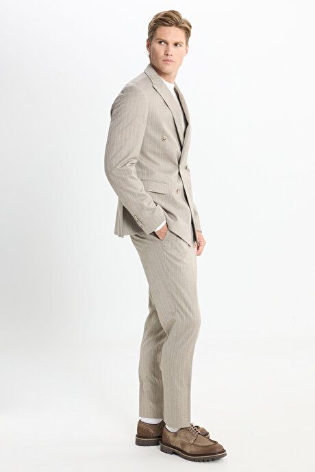 Slim Fit Slim Fit Slim Fit Swallow Neckline Striped Cover Pocket Stretchy Beige Suit ACE30252510061BEJ