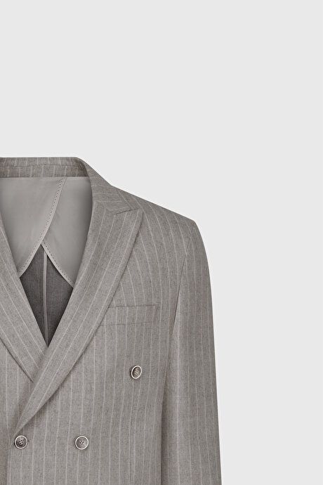 Slim Fit Slim Fit Slim Fit Swallow Neckline Striped Cover Pocket Stretchy Beige Suit ACE30252510061BEJ