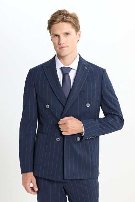 Slim Fit Slim Fit Slim Fit Swallow Neckline Striped Cover Pocket Stretchy Navy-Gray Suit ACE302510062LAG