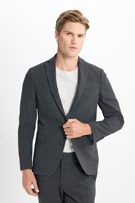 Slim Fit Slim Fit Mono Collar Seersucker Patterned Anthracite Suit with Flap Pockets ACE302510117ATR