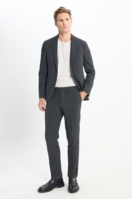 Slim Fit Slim Fit Mono Collar Seersucker Patterned Anthracite Suit with Flap Pockets ACE302510117ATR