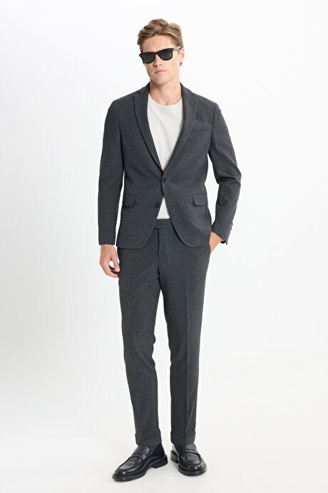 Slim Fit Slim Fit Mono Collar Seersucker Patterned Anthracite Suit with Flap Pockets ACE302510117ATR