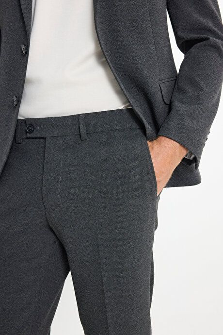 Slim Fit Slim Fit Mono Collar Seersucker Patterned Anthracite Suit with Flap Pockets ACE302510117ATR